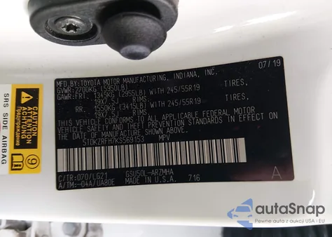 2019 Toyota Highlander Se z USA, uszkodzony, nr VIN 5TDKZRFH7KS569153